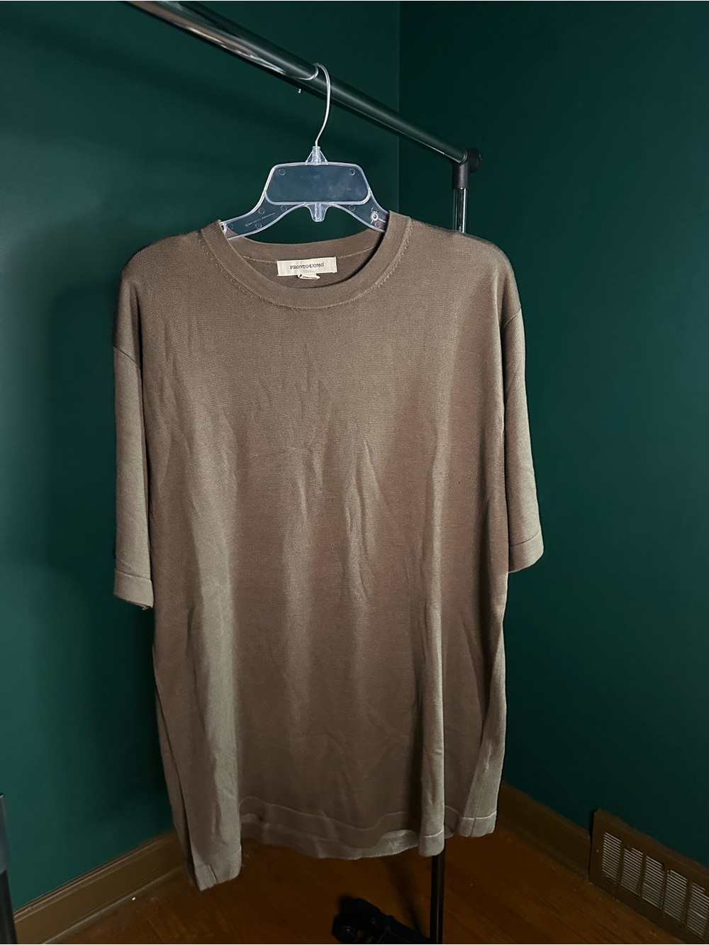 100% Silk Pronto Uomo Olive Brown Short-Sleeve Crewneck Shirt